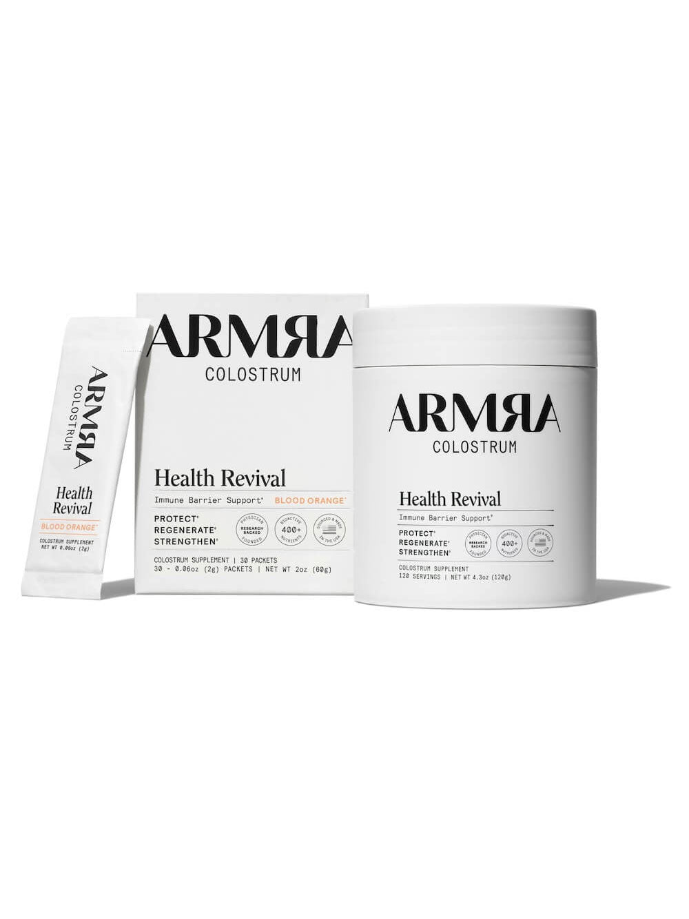ARMRA Colostrum health revival product packaging on a white background