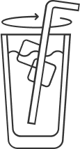 Illustration of a 6oz glass with two ice cubes and a straw showing an arrow to indicate stirring